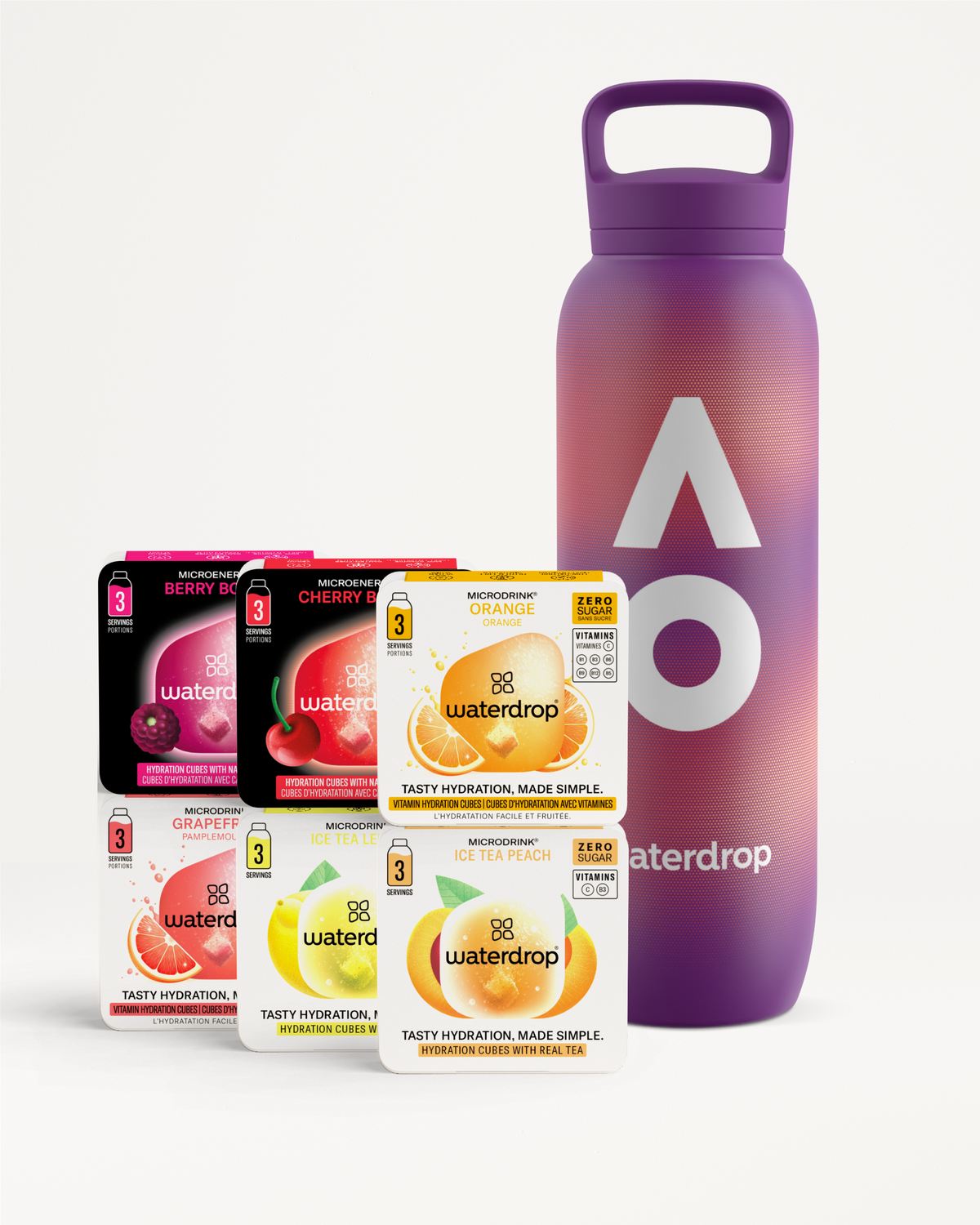AO26 Performance Taster Set: hydration cubes and branded bottle.